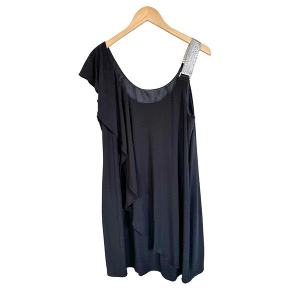 Black Cocktail Dress One Shoulder Silver Chain Strap One Flutter Fits Large - Picture 9 of 12